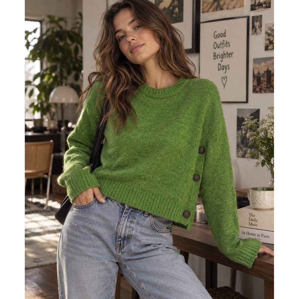 J Crew Sweater Womens Small Green Lambswool Side Button Preppy Classic